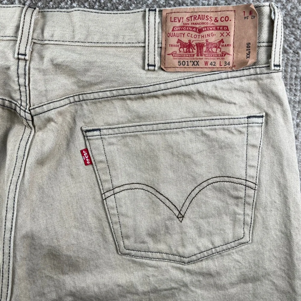 Levis 501XX Straight Fit Jeans Men 42x34 Beige Tan Cotton Denim Pants Button Fly